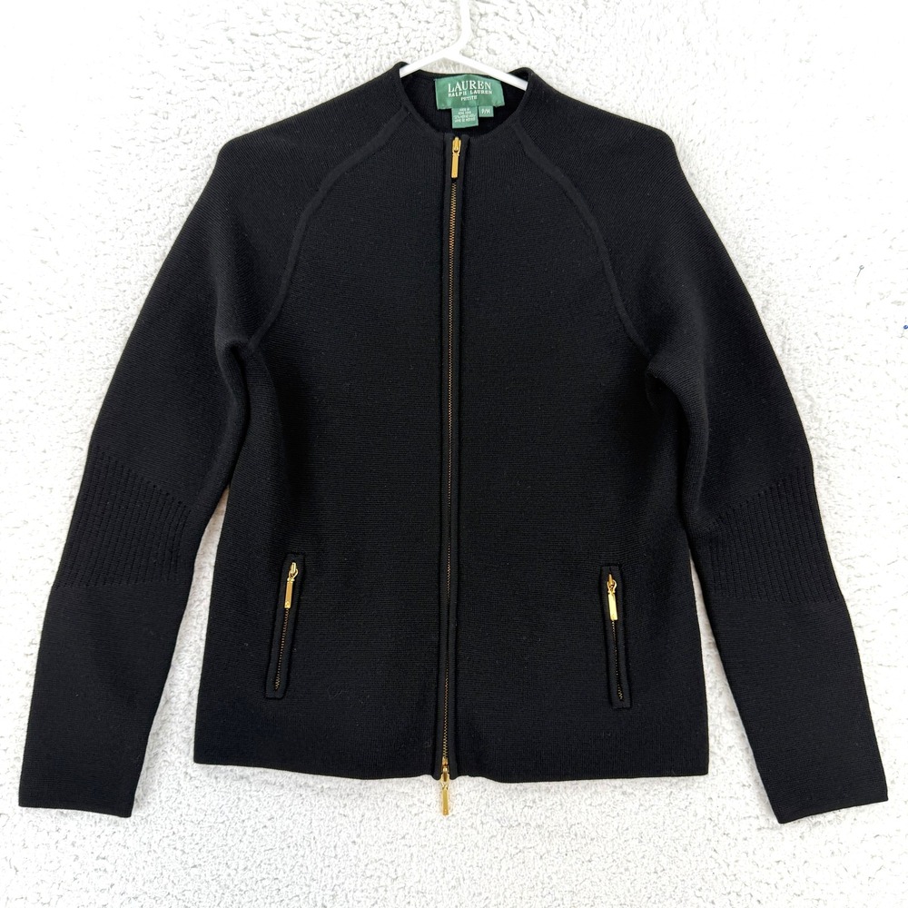 Lauren Ralph Lauren Cardigan Sweater Womens Petite PM Black Merino Wool Full Zip